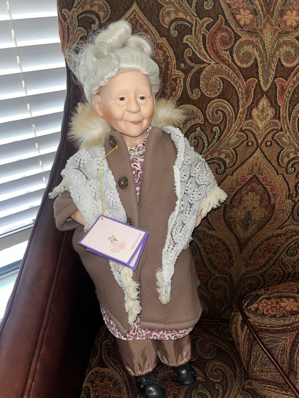 Porcelain Grandma Doll in Brown Coat with White Lace Scarf
